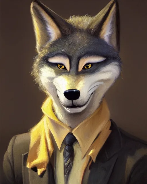 Prompt: oil painting of anthromorphic female wolf, in style of zootopia, female fursona, furry, furaffinity, 4 k, deviantart, furry art, fursona art, wearing black business suit, business suit, wolf fursona, female, very expressive detailed feminine face, by gaston bussiere, craig mullins, j. c. leyendecker