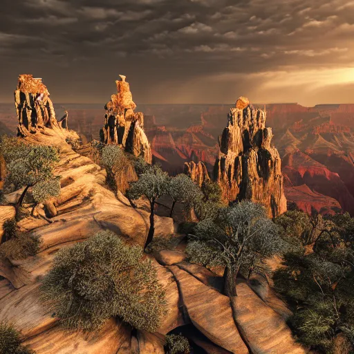 Image similar to dark gothic palace made of rock with tall spires, bristlecone pine trees, grand canyon, ultrawide cinematic 3d render, dark dramatic skies, atmospheric, vultures