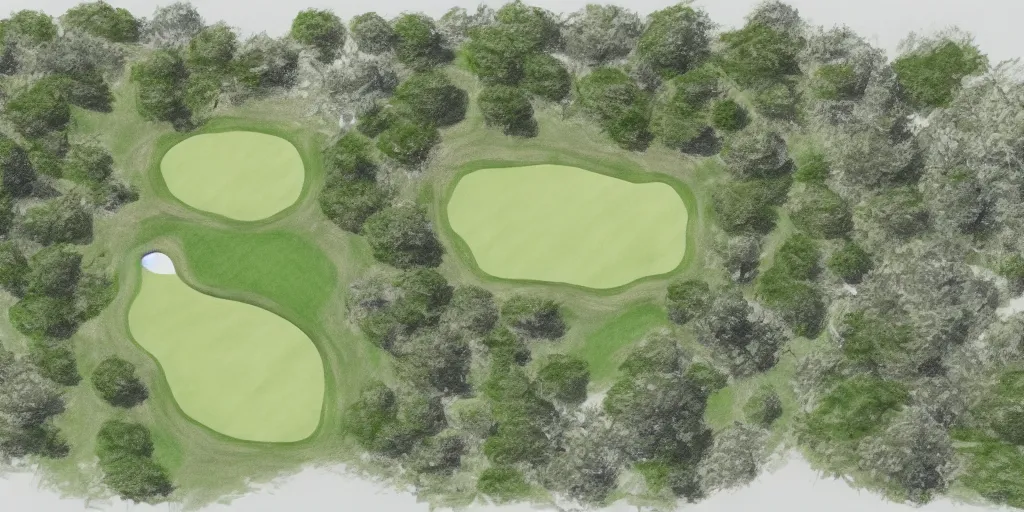 Prompt: top down pencil and oil drawing of a 18 hole golf course layout, there is water all around, many bushes and trees, minimalistic, flat, high res