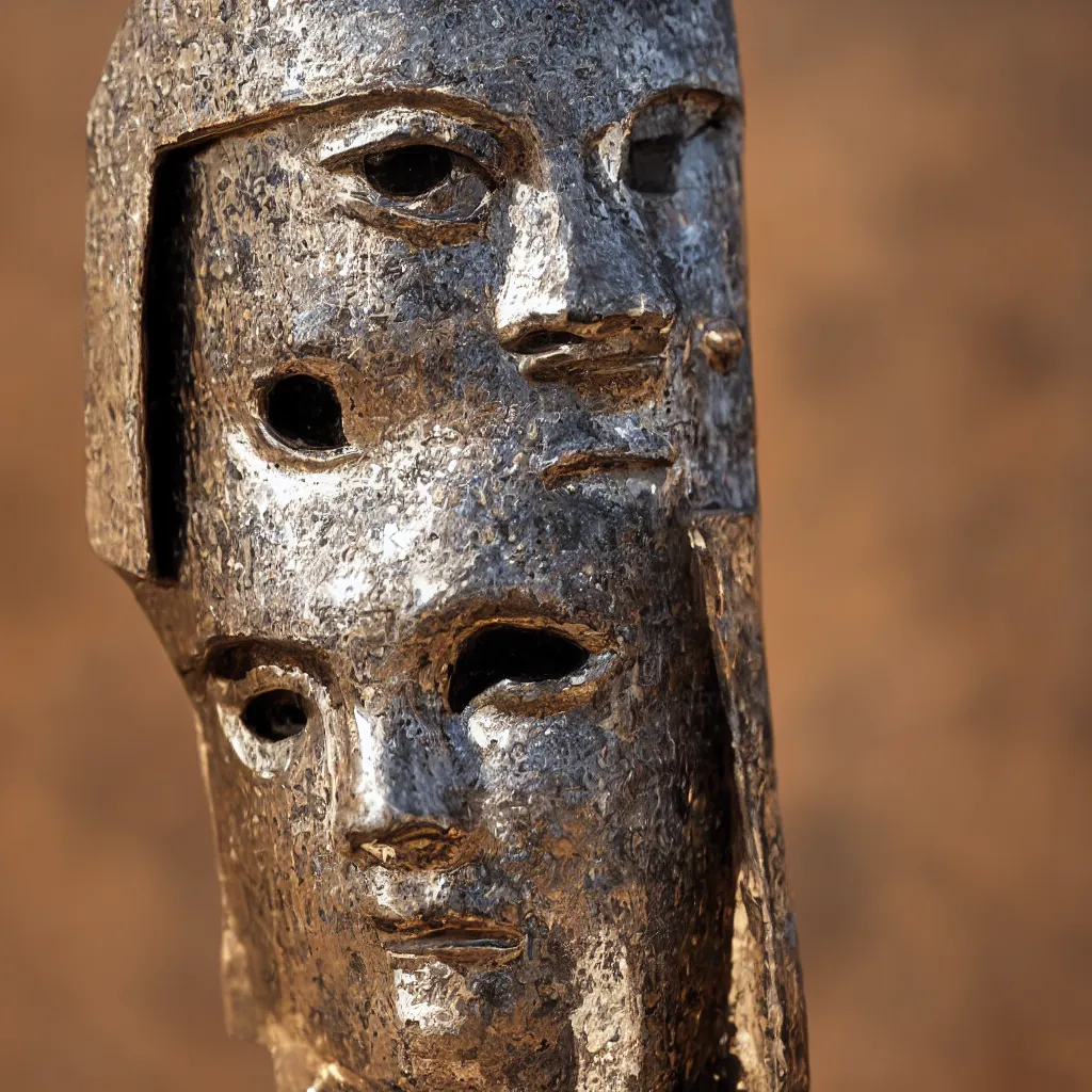 Prompt: highly detailed portrait photography steered gaze of a stern face, wearing a chrome venetian mask, in autumn, 105mm f2.8 at the Giza Pyramid