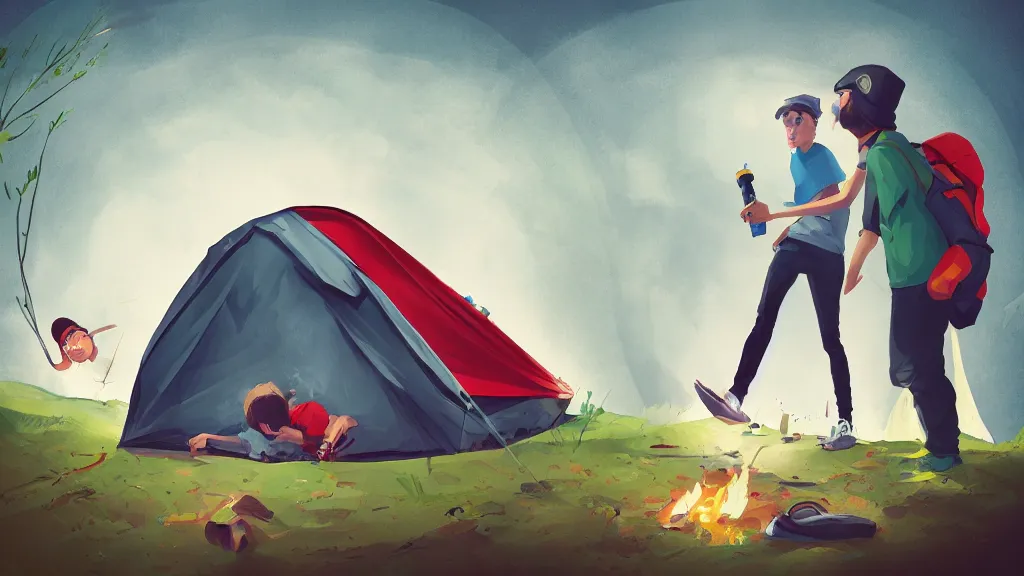 Image similar to an illustration of a drunk teenage kid on a camping, vomiting out his tent, parents standing outside angry, fisheye lens, high contrast, highly detailed, sharp focus, digital painting, 3 d art, illustration, trending on artstation,