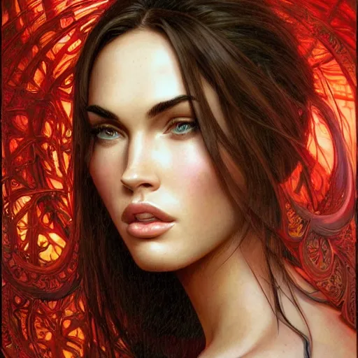 Image similar to portrait of younger Megan Fox, 2008, fantasy, intricate, elegant, highly detailed, digital painting, artstation, concept art, smooth, sharp focus, illustration, art by artgerm and greg rutkowski and alphonse mucha