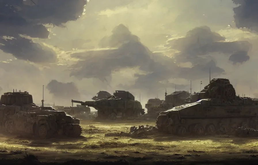 Image similar to concept art of a dusty field with ruined dieselpunk orcish tanks in the background, bomb craters, smoke, key visual, ambient lighting, highly detailed, digital painting, artstation, concept art, sharp focus, by makoto shinkai and akihiko yoshida and hidari and wlop