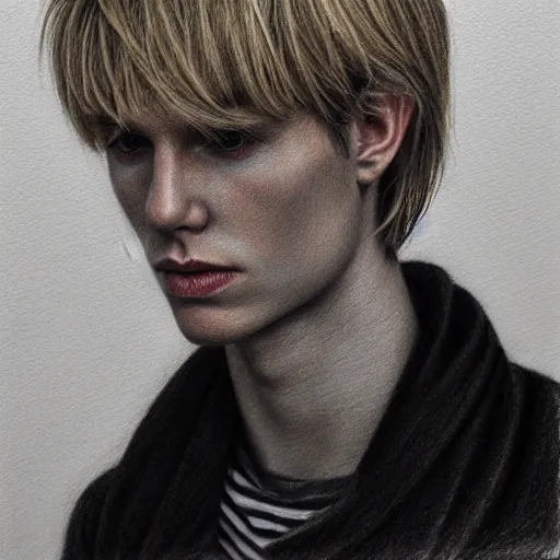 Prompt: A pencil drawing portrait of a blond young Irish man with high cheekbones. Good bone structure. Dressed in 1980s style. Highly detailed, fine Art, high detail, great lighting, 8k resolution, masterpiece, concept art, illustration, clear eyes, painting oil on canvas, octane render, HDR, trending on artstation, 4k, 8k, HD