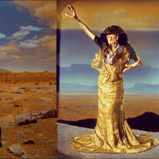 Image similar to salvador dali wearing a golden dress with jewels in a dry rocky desert landscape, visible sky and sunny atmosphere, fata morgana and giant square mirrors, film still from the movie by alejandro jodorowsky with cinematogrophy of christopher doyle and art direction by hans giger, anamorphic lens, kodakchrome, very detailed photo, 8 k