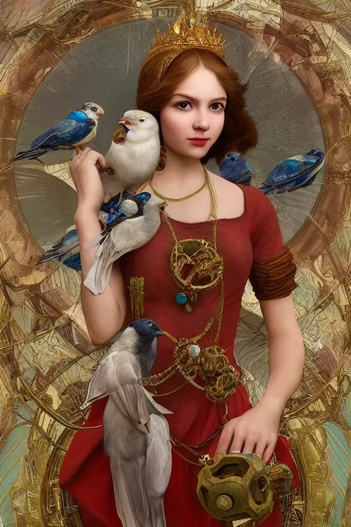 Image similar to zoom in 3 d render of english princess holding birds, ornaments, mechanical parts, mucha vibe, dieselpunk, solarpunk, artstation, andrei riabovitchev