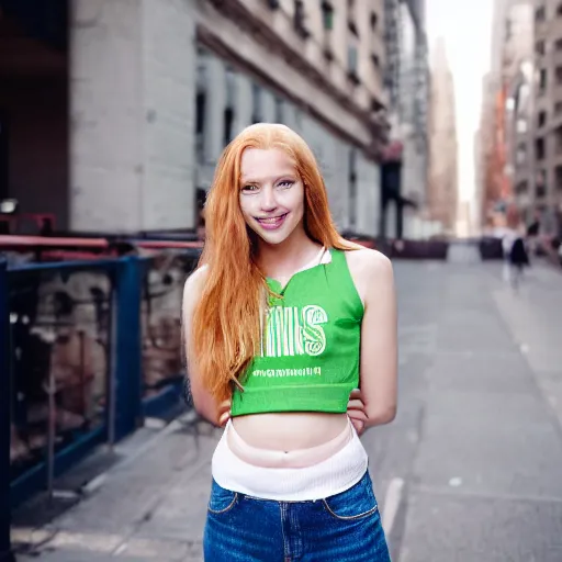 Image similar to Portrait photograph of a Strawberry-Blonde Girl, Young Beautiful Face, Green Eyes, Freckles, Wearing a white crop-top and jeans, with a subtle smile, Humans of New York Style, Leica Camera 50mm lens, street photography, aesthetic canon of proportions, grainy film photo