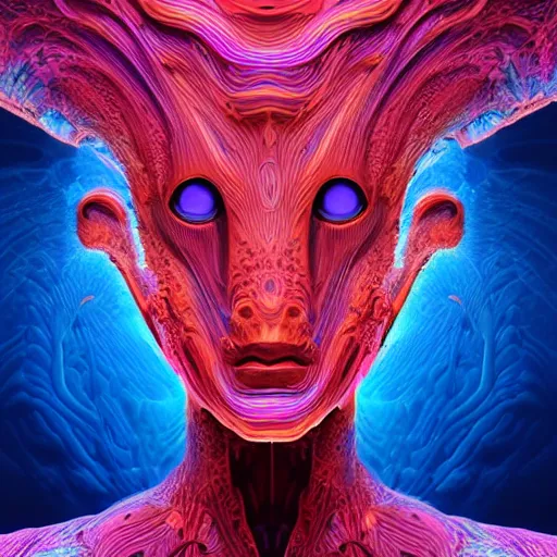 Image similar to Face of a Alien Deity, corals, plume made of geometry, extremly detailed digital painting, sharp focus in the style of android jones, artwork of a futuristic artificial intelligence superstar, mystical colors, rim light, beautiful lighting, 8k, stunning scene, raytracing, octane, under water visual distortion, dark tones colors, trending on artstation