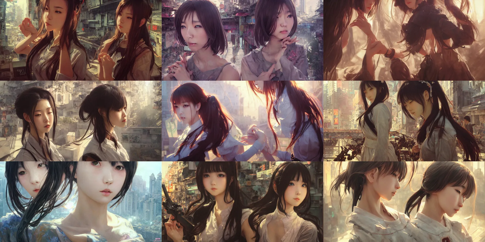 Prompt: ultra realistic beautiful kowloon techno art, beautiful alluring anime schoolgirl, gorgeous face and figure, sci - fi, intricate, elegant, highly detailed, digital painting, artstation, concept art, smooth, sharp focus, illustration, beautiful sunlight and shadows, art by tian zi and yuxiang chen and alphonse mucha and greg rutkowski and wlop