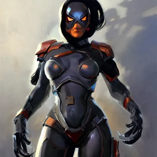 Image similar to greg manchess portrait painting of an armored dark female iron spiderman as overwatch character, medium shot, asymmetrical, profile picture, organic painting, sunny day, matte painting, bold shapes, hard edges, street art, trending on artstation, by huang guangjian, gil elvgren, ruan jia, greg rutkowski, gaston bussiere