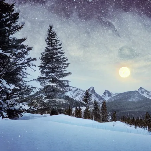 Image similar to cabin in the snowy mountains with wolves in the background under a full moon with pine trees