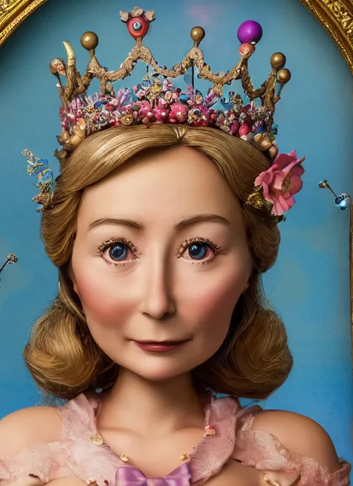 Image similar to closeup face profile portrait of tin toy felicity kendal as a fairytale princess wearing a crown eating cakes, bikini, depth of field, zeiss lens, detailed, symmetrical, centered, fashion photoshoot, by nicoletta ceccoli, mark ryden, lostfish, breathtaking, 8 k resolution, extremely detailed, beautiful, establishing shot, artistic, hyperrealistic, octane render