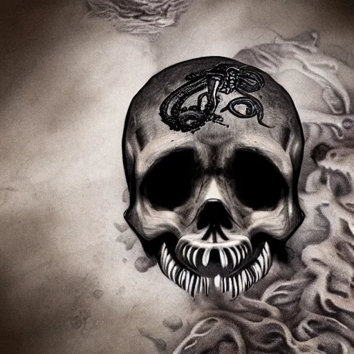 Image similar to skull of a pirate with tentacles protruding out at the bottom of the ocean photo realistic