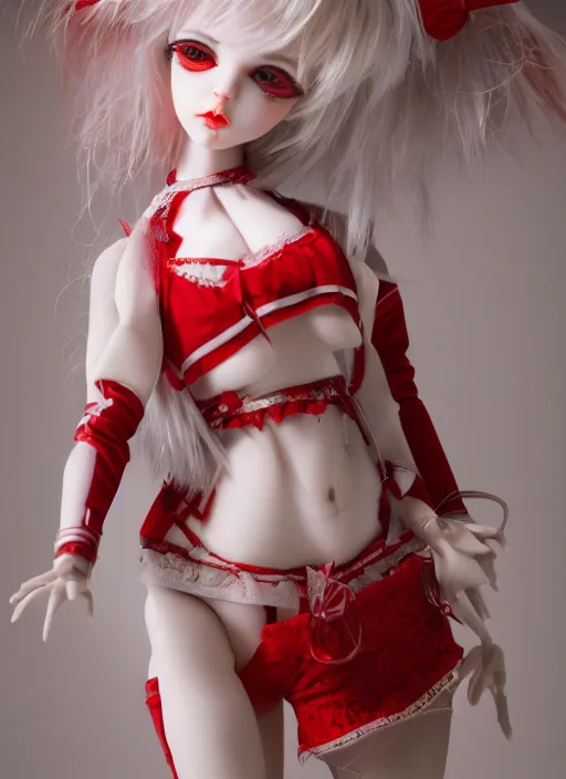 Image similar to bjd doll with a lot of money, fluent composition, red and white neon, concept art, ambient light, 4 k, intricate details, highly professionally detailed, cgsociety, highly detailed -