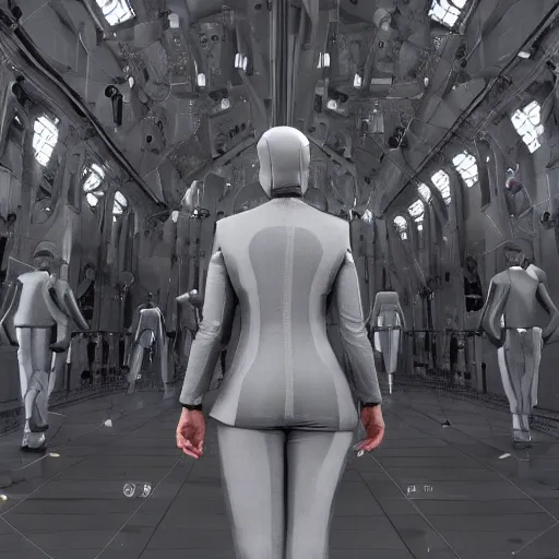 Prompt: love, diverse grey cybersuits, from behind, grey rituals, wide wide angle, vivid, elaborate, highly detailed, beautiful lighting