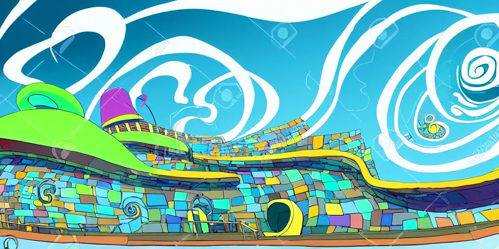 Image similar to chubby spiral shape cartoon concept art, ship port, from lorax movie, black blue green, spiral clouds, sam and max