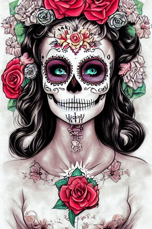 Prompt: Illustration of a sugar skull day of the dead girl, art by ross tran