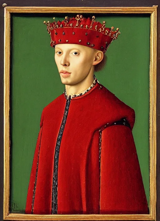 Image similar to portrait of a young man who is a king with a crown, medieval painting by Jan van Eyck, Florence