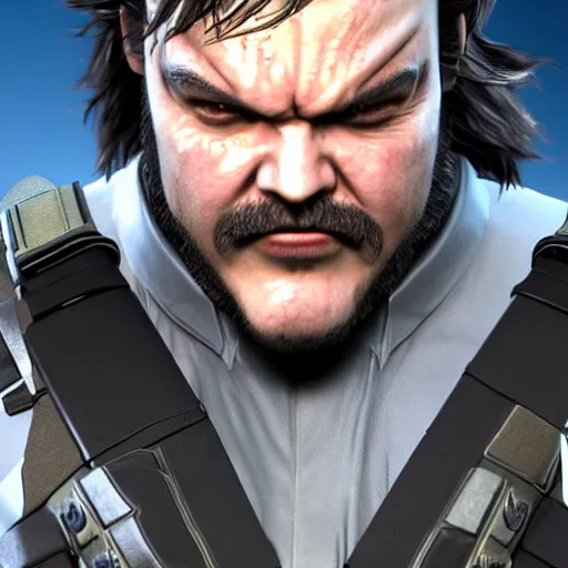 Image similar to Jack Black as a Metal Gear Solid Villain 2005 JRPG cinema 4d render, Ray tracing reflection, natural lighting, Unreal Engine award winning photography