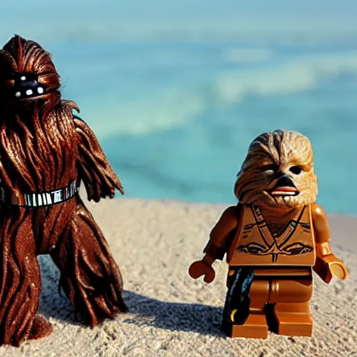 Prompt: Chewbacca on holiday, relaxing on the beach, minifigure, hyperrealistic, photos, Flickr