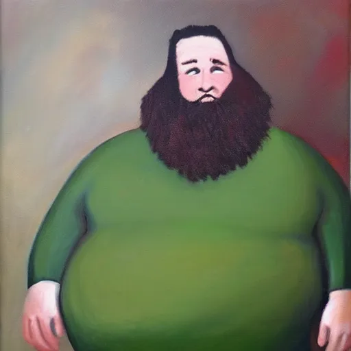 Image similar to oil painting of a very obese man with a long beard with an elegant suit