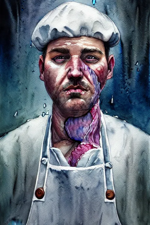 Image similar to watercolor portrait of a butcher with a white apron, raining, romantisism, outrun, pastel colors, painting, moody, detailed, by android jones