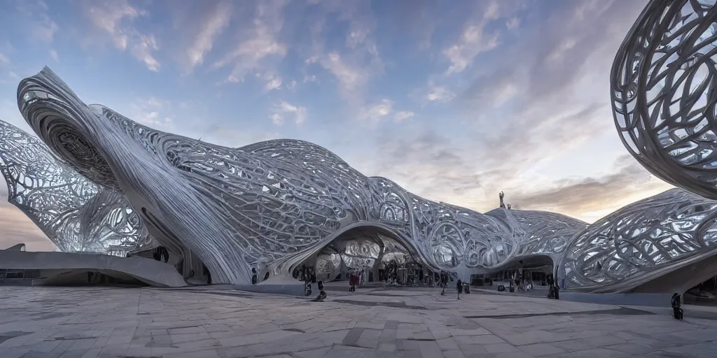 Image similar to extremely detailed ornate stunning sophisticated beautiful elegant futuristic museum exterior by Zaha Hadid, stunning volumetric light, sunset, concrete ant translucent material, stunning skies, 8k dragonfly structural pattern