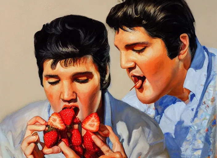 Image similar to a highly detailed beautiful portrait of elvis presley eating an strawberry, by gregory manchess, james gurney, james jean