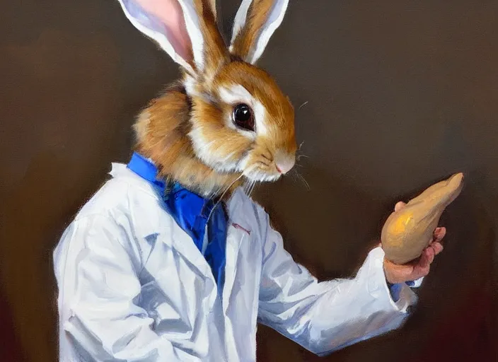 Prompt: a highly detailed beautiful portrait of a bunny wearing a doctor costume, by gregory manchess, james gurney, james jean