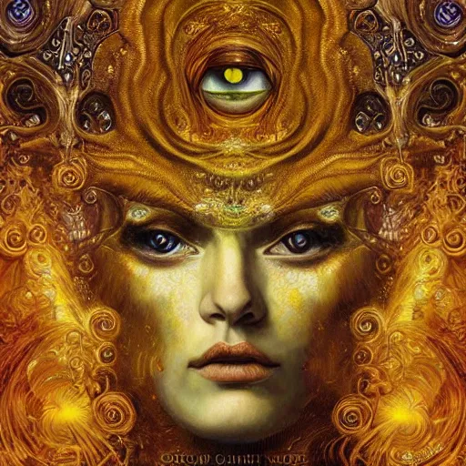 Image similar to Divine Chaos Engine by Karol Bak, Jean Deville, Gustav Klimt, and Vincent Van Gogh, beautiful visionary mystical portrait, sacred, otherworldly, fractal structures, ornate gilded medieval icon, third eye, spirals