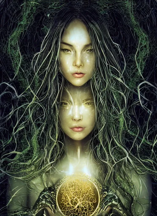 Image similar to glowing silver and golden elements, full close-up portrait, A beautiful dark witch in front of the full big moon, book cover, green forest, red white black colors, establishing shot, extremly high detail, foto realistic, cinematic lighting, pen and ink, intricate line drawings, by Yoshitaka Amano, Ruan Jia, Kentaro Miura, Artgerm, post processed, concept art, artstation, matte painting, style by eddie, raphael lacoste, alex ross