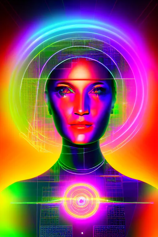 Image similar to portrait of the goddess of artificial intelligence as a hologram, in front of a rainbow of data, threads of light in the background, extremely high quality artwork, very detailed, anthropomorphic silhouette, trending on artstation