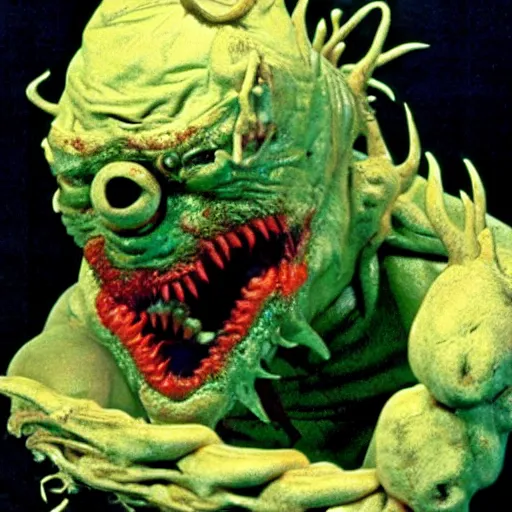 Prompt: Gross animatronic movie-monster from an 80's horror movie, slimy, tentacles emerging from its fang filled mouth, multi-jointed, vile, The Thing style, Rob Bottin style