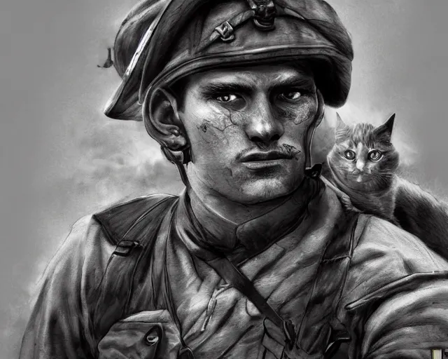 Prompt: A soldier holding a warrior cat in world war 1, close-up, realistic face, sharp facial features, mature facial features, black and white, amazing digital art, hyper detailed, artstation, in the style of Tony Sart