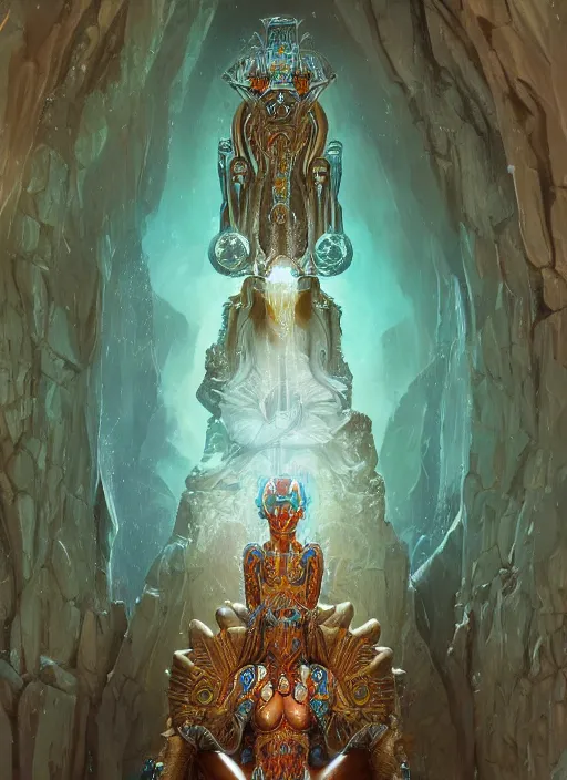 Image similar to hyper realistic photography of intricate symmetric strange aztec alien goddess sitting on opal throne in a crystal cave detailed, greg rutkowski, artstation, cgsociety