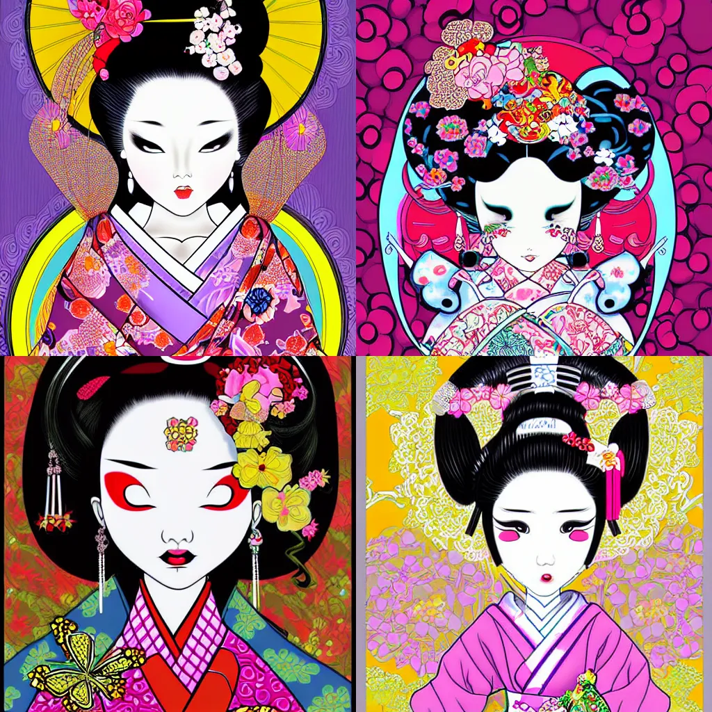 Prompt: digital painting of a beautiful geisha by junko mizuno