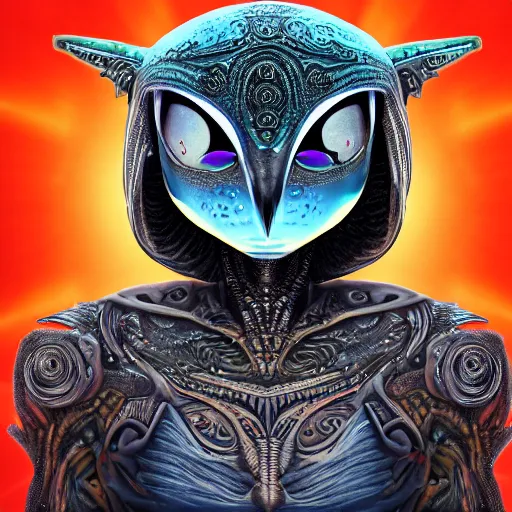 Image similar to alien owl, alien warrior, magic, stars, highly detailed, realistic, 8 k