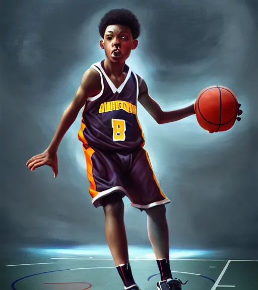 Image similar to portrait of a boy at a basketball court playing basketball wearing a basketball uniform in a basketball court, intense emotion, detailed surroundings, intricate, elegant, highly detailed, centered, digital painting, artstation, concept art, smooth, sharp focus, illustration, by Peter Mohrbacher, WLOP