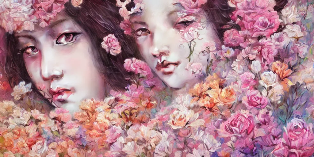 Image similar to breathtaking detailed concept art painting pattern blend of flowers and girls, by soey milk, bizarre compositions, exquisite detail, pastel colors, 8 k