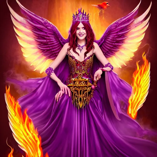 Image similar to Princess sorceress with red flaming bird wings on her back and sitting on an ornate throne dressed in a fancy long purple dress, beautiful realistic symmetrical defined face, grinning, Fantasy, Full Portrait, High detail, realistic, planeswalker