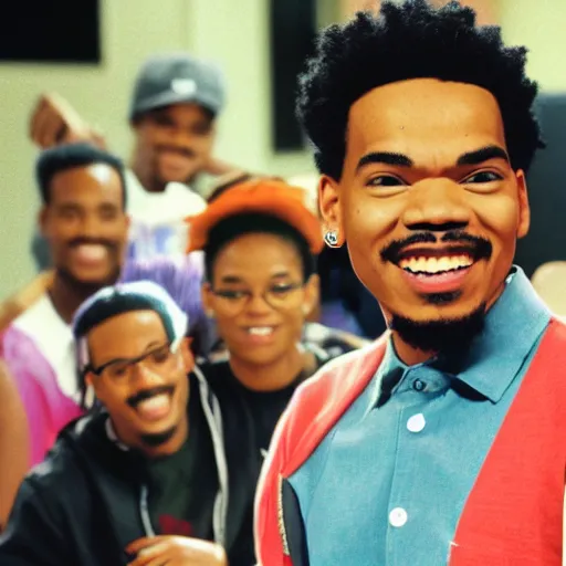 Image similar to a tv still of Chance The Rapper starring as a black college student at Jones College Prep in a 1993 sitcom