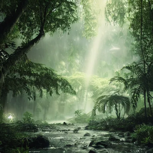 Image similar to Loving romantic drawing of a deep rain forest, light rays from the tree tops, small river on the ground, many avatars, hypermaximalistic, high details, cinematic, 8k resolution, beautiful detailed, insanely intricate details, artstation trending, octane render, unreal engine