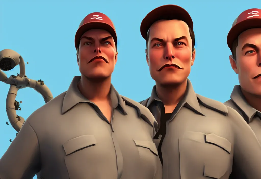 Image similar to elon musk in team fortress 2, elon musk in the video game team fortress, gameplay screenshot, close up, 3 d rendering. unreal engine. amazing likeness. very detailed.