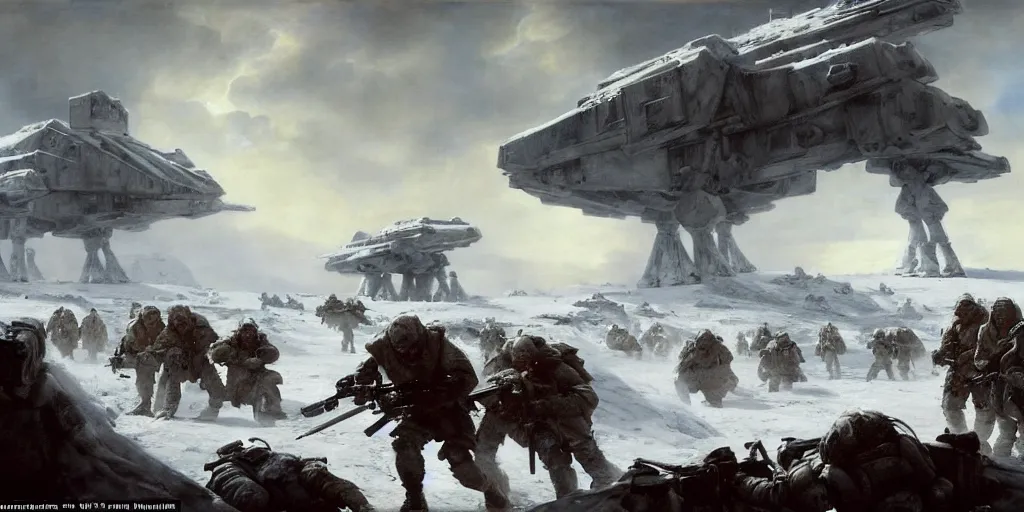 Prompt: the battle of hoth, rebel soldiers fighting enormous at - at walkers painted by jan matejko and grzegorz rutkowski. oil on canvas, sharp focus, cinematic atmosphere, detailed and intricate, perfect anatomy, detailed and intricate environment and characters