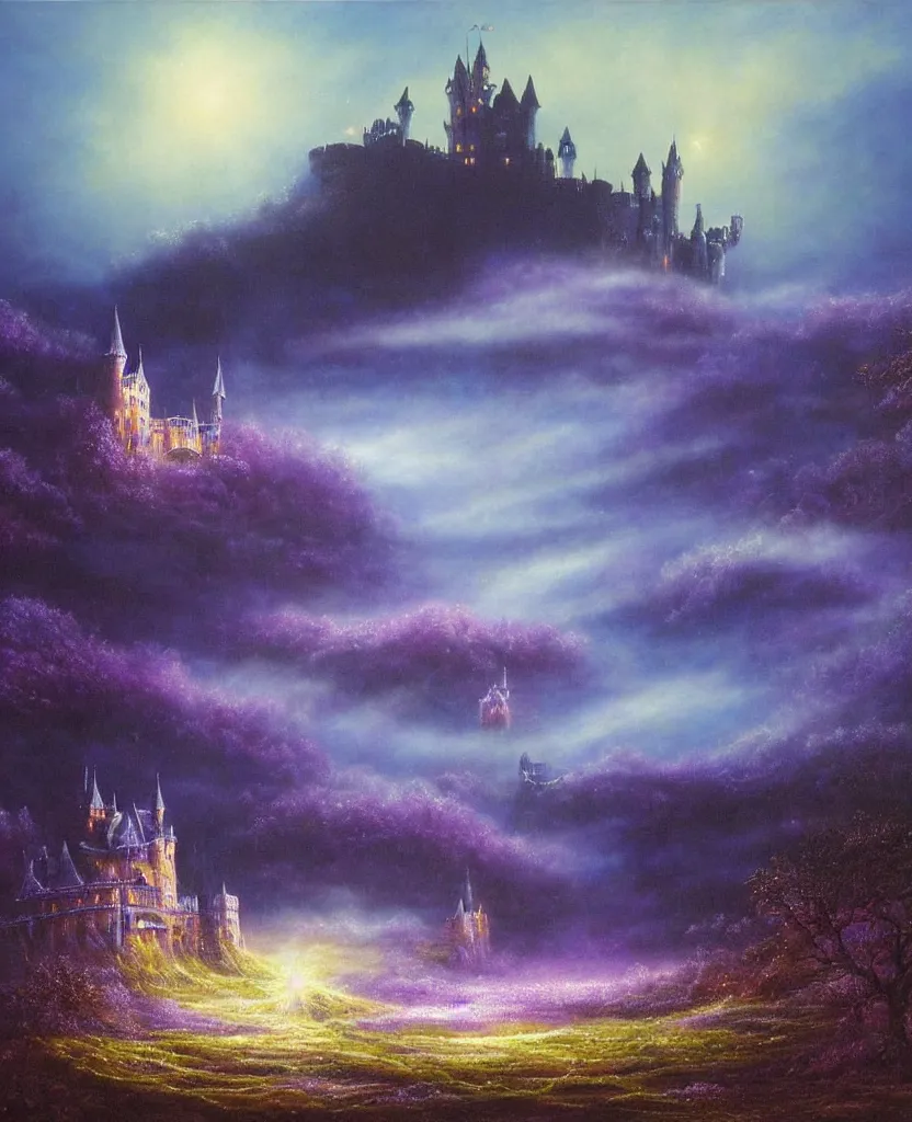 Prompt: beautiful matte airbrush painting of a of a fantasy landscape with a european medieval castle made of light in the distance enveloped in trails of colorful animal ghosts floating around it, clear painting and good lighting, dark blue and intense purple color palette, mystical fog, art by gilbert williams, yoshitaka amano, high quality