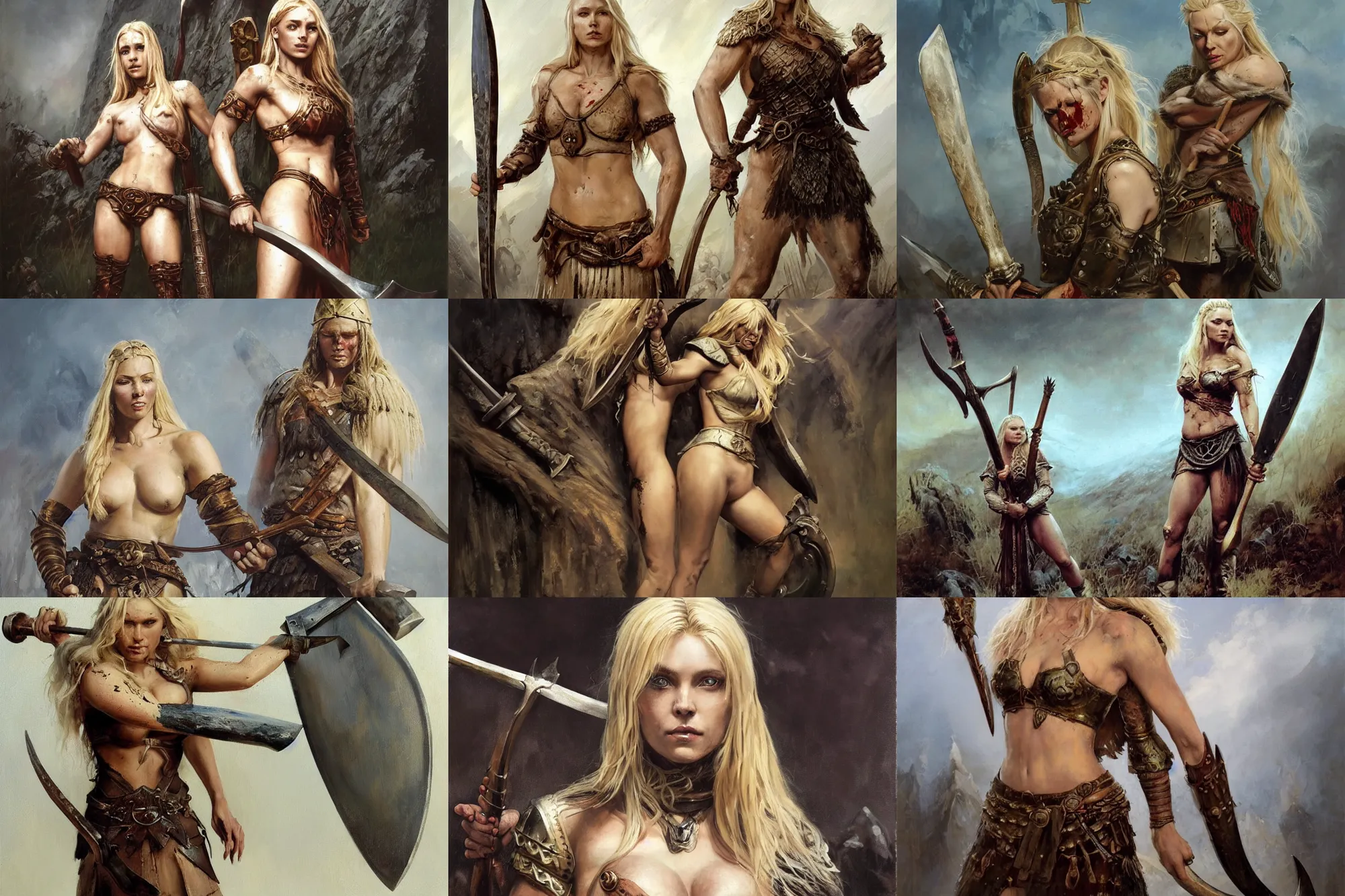 Prompt: An oil painting of a beautiful blonde viking woman posing with a bloodied war-axe, very aesthetic, detailed face, by Frank Frazetta, Greg Rutkowski, Boris Vallejo, Neal Hanson, Christian MacNevin, epic fantasy character art, goddess of war, viking armor, high fantasy, full length, exquisite detail, post-processing, low angle, masterpiece, cinematic, colossal dragon in background