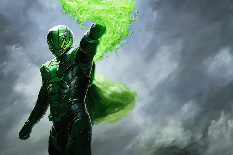 Prompt: MCU Mysterio, crossing his arms, appearing gigantic emerging from a cloud of green smoke, trending on Artstation, highly detailed, HD wallpaper, 4k, photorealistic, digital art, art by artgerm and Greg Rutkowski and Alphonse Mucha