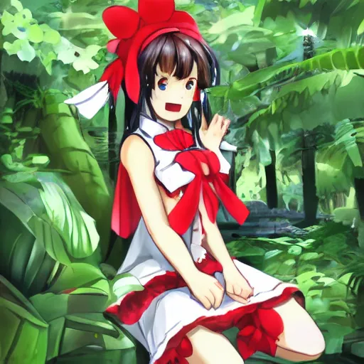 Prompt: a pixiv fanbox of reimu in the jungle wearing bonnet