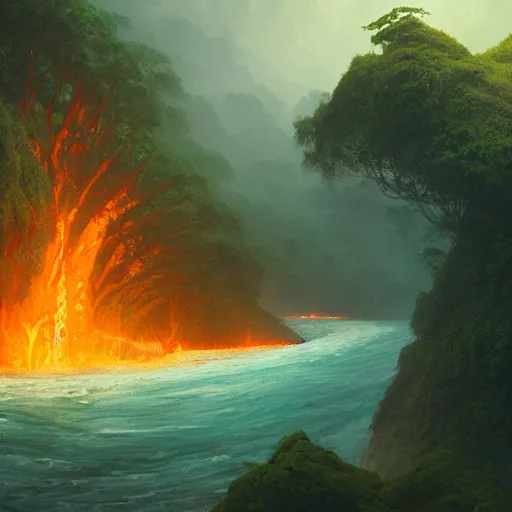 Prompt: A lava river flowing through the amazon jungle, anato finnstark, james gurney, greg rutkowski, john howe, artstation, dramatic