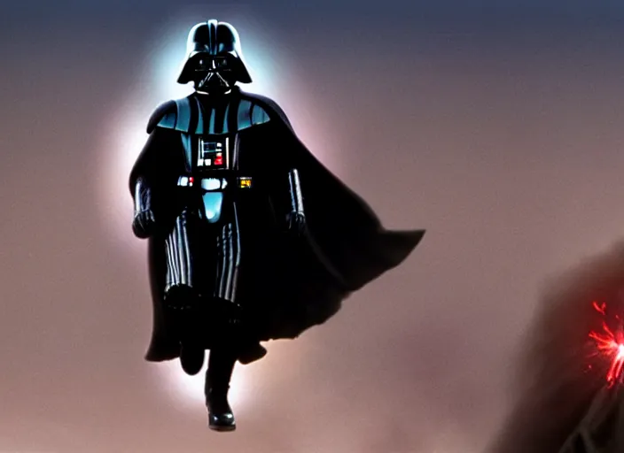 Image similar to film still of Darth Vader jumping up in joy over his great success in the new Star Wars movie, 4k